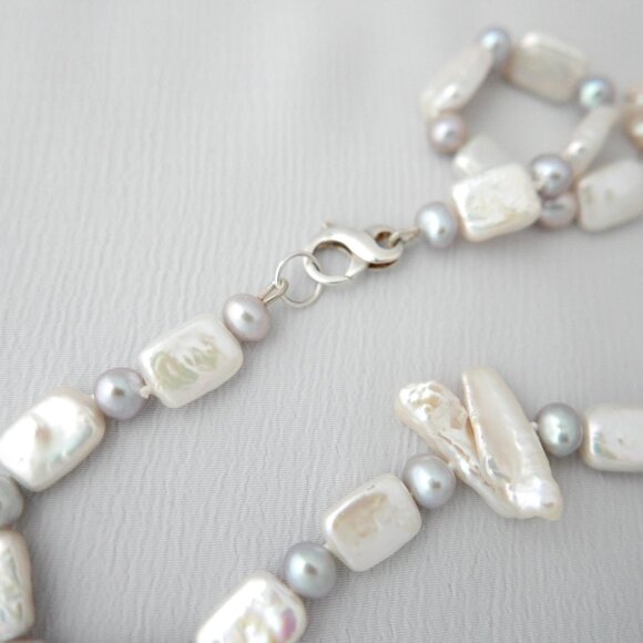 White and Grey Freshwater Pearl Single Strand Necklace - Sterling Silver - Picture 4 of 4